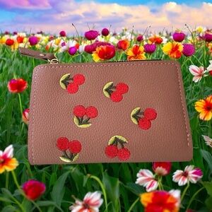 Cherry Embroidered Tan Wallet